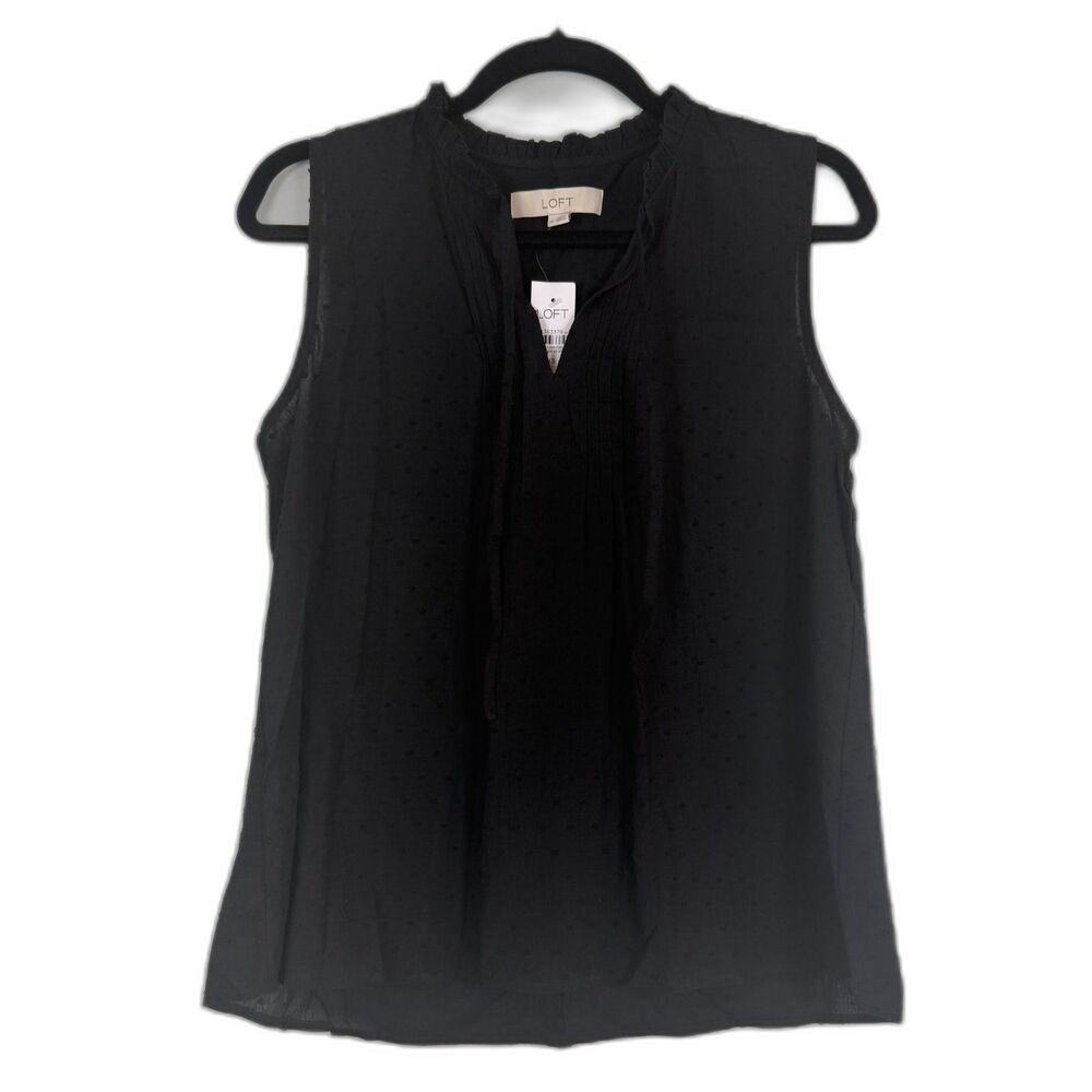 LOFT Black Sleeveless Blouse XS Swiss Dot Ruffle Neck NWT Lightweight Top
